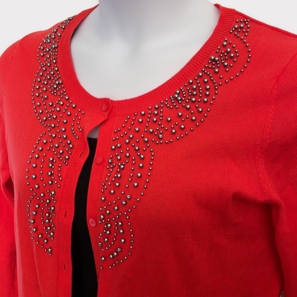 Red Beaded Neckline Button Up Cardigan - Picture 3 of 3